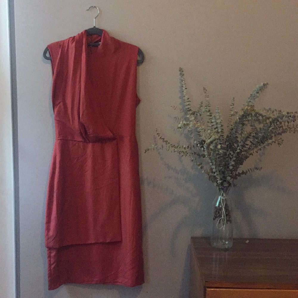asymmetrical rust-colored dress, 100% silk